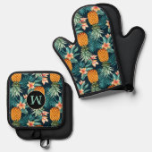 Ananas Tropisch Bloempatroon Monogram Ovenwant & Pannenlap Set (Voorkant / Achterkant)