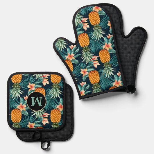 Ananas Tropisch Bloempatroon Monogram Ovenwant & Pannenlap Set (Voorkant / Achterkant)