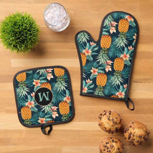Ananas Tropisch Bloempatroon Monogram Ovenwant & Pannenlap Set (Top down)