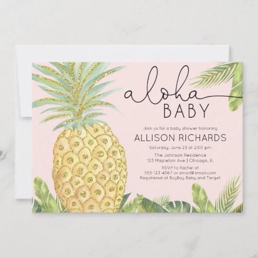 Ananas tropisch blush roze meisje baby shower kaart (Voorkant)