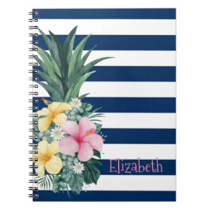 Ananas Tropische Bloemen Marineblauwe Strepen Notitieboek