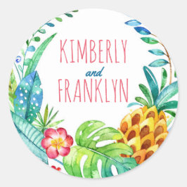 ananas tropische palmen strand bruiloft ronde sticker