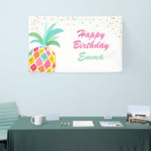 Ananas verjaardagsbanner Tropical Luau Pink Gold Spandoek (Beurs)