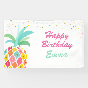 Ananas verjaardagsbanner Tropical Luau Pink Gold Spandoek