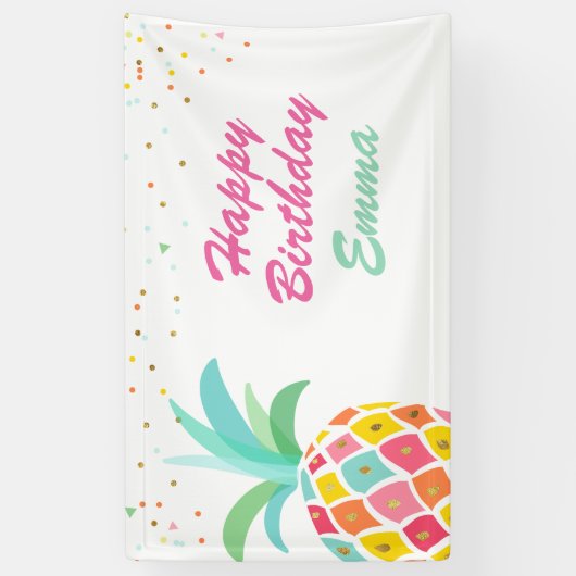 Ananas verjaardagsbanner Tropical Luau Pink Gold Spandoek (Verticaal)