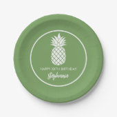 Ananas Verjaardagsfeest Groen Wit Papieren Bordje (Voorkant)