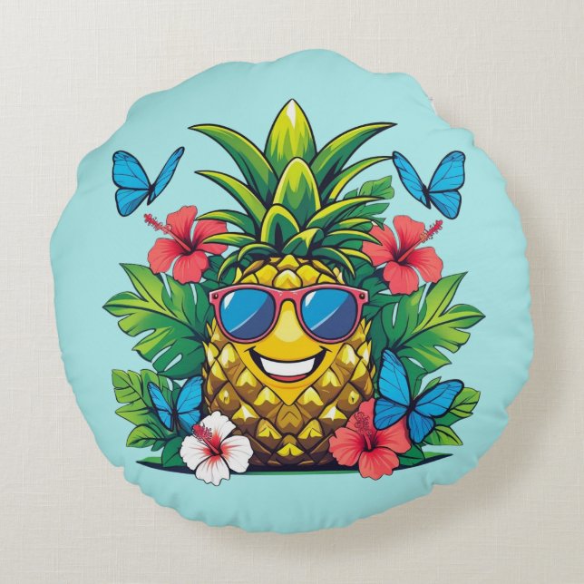 Ananas Vlinder Hibiscus Vibes Rond Kussen (Achterkant)