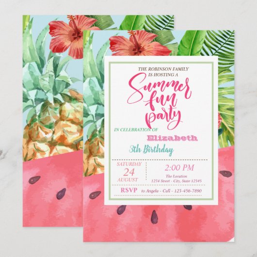 Ananas, Watermeloen Palm Leaf Summer Birthday Kaart (Voorkant / Achterkant)