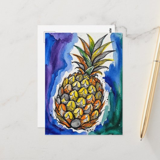 Ananas Waterverf Doodle Briefkaart (Voorkant / Achterkant in situ)