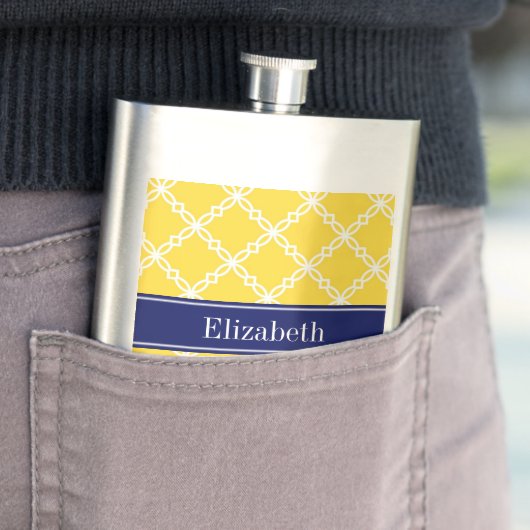 Ananas WHT Fancy Quatrefoil Navy Naam Monogram Heupfles (Voorbeeld)