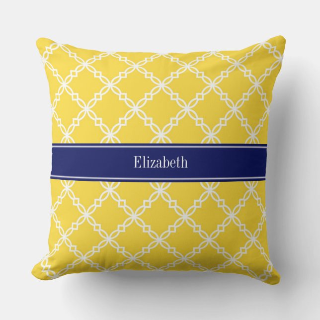 Ananas WHT Fancy Quatrefoil Navy Naam Monogram Kussen (Voorkant)