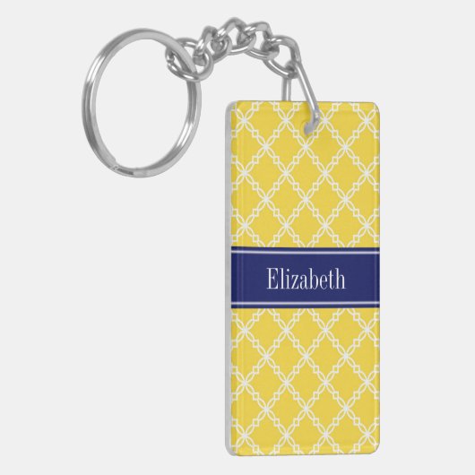 Ananas WHT Fancy Quatrefoil Navy Naam Monogram Sleutelhanger (Voorkant Links)