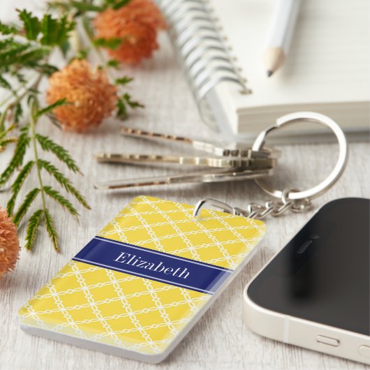 Ananas WHT Fancy Quatrefoil Navy Naam Monogram Sleutelhanger (Voorkant Rechts)