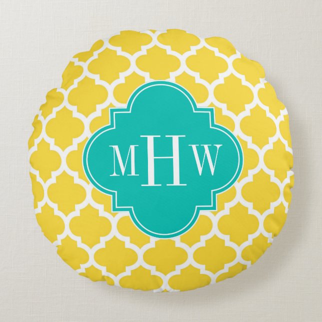 Ananas Wht Moroccan #5 Teal 3 Initieel Monogram Rond Kussen (Voorkant)