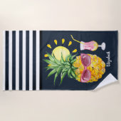 Ananas Zon Cocktail Navy Blauwe Strepen Strandlaken (Voorkant)