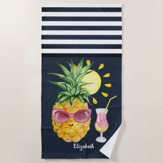 Ananas Zon Cocktail Navy Blauwe Strepen Strandlaken (Voorkant)
