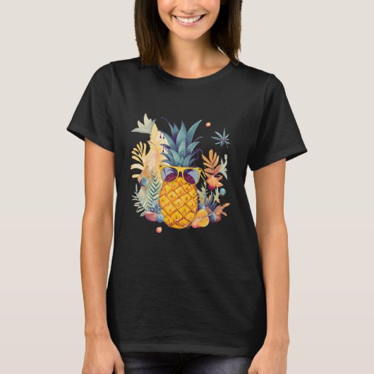 Ananas Zonnebril Strand Hawaiian Vakantie Bloem T-shirt (Voorkant)