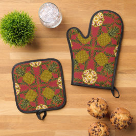 Ananasontwerp op rode achtergrond ovenwant & pannenlap set