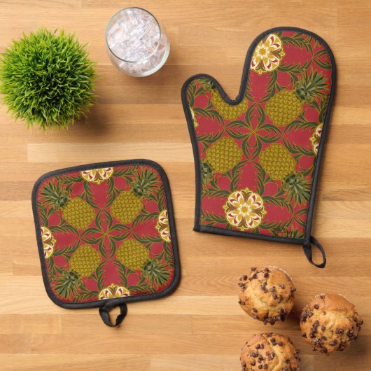 Ananasontwerp op rode achtergrond ovenwant & pannenlap set (Top down)