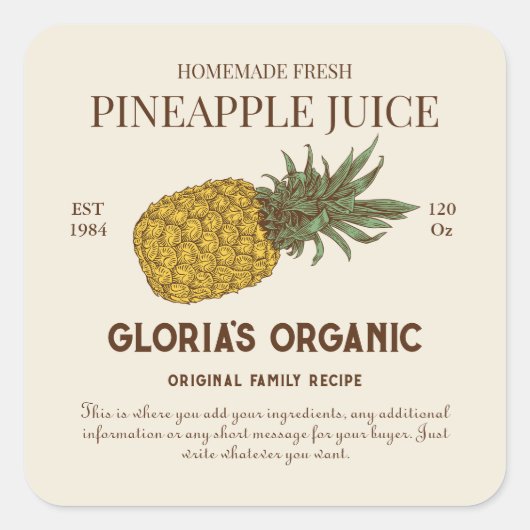ananassap op maat gemaakt productetiket vierkante sticker (Voorkant)