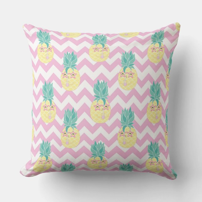 ananassen en roze Chevron Buitenkussen (Voorkant)