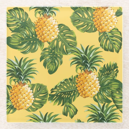 ananassen en tropische bladeren op goud glazen onderzetter (Voorkant)