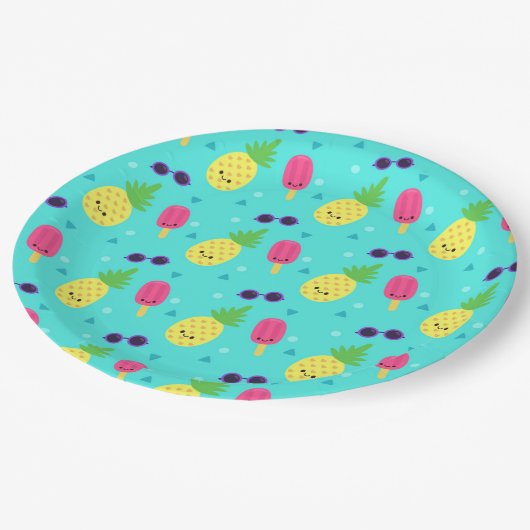 ananassen, ijscrème en zonnebrillen papieren bordje (Gekanteld)