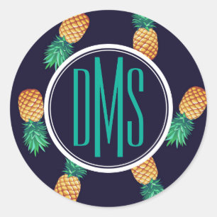 ananassen op de marine Monogram Ronde Sticker
