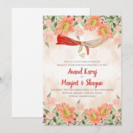 Anand Karaj uitnodiging & Sikh trouwkaarten (Voorkant / Achterkant)