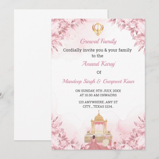 Anand Karaj Uitnodigingskaart, Sikh Wedding Kaart (Voorkant / Achterkant)
