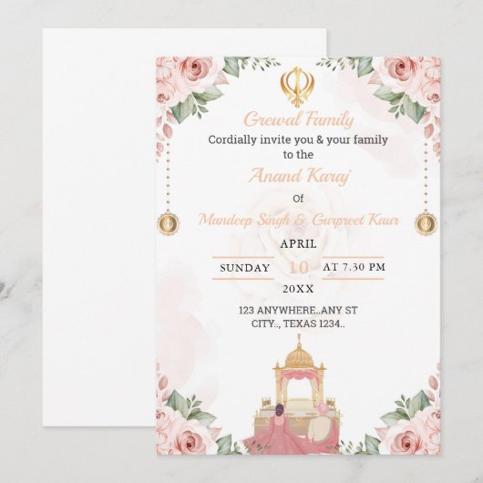 Anand Karaj Uitnodigingskaart, Sikh Wedding Kaart (Voorkant / Achterkant)