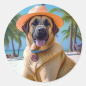 Anatolian Shepherd op Beach, hondenliefhebber zome Ronde Sticker (Voorkant)