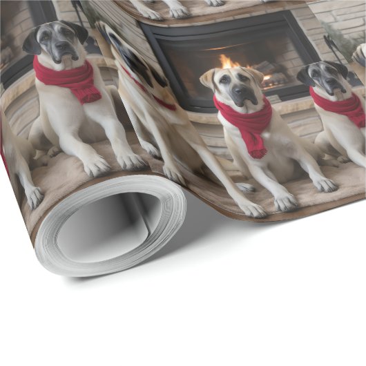 Anatolische herder bij de open haard Kerstmis Cadeaupapier (Rol Hoek)