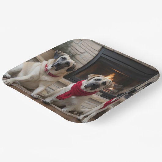 Anatolische herder bij de open haard Kerstmis Papieren Bordje (Gebogen)