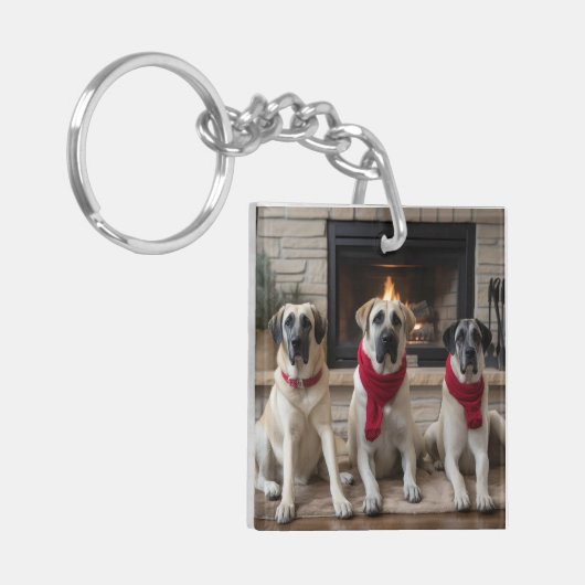 Anatolische herder bij de open haard Kerstmis Sleutelhanger (Voorkant Links)