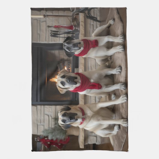 Anatolische herder bij de open haard Kerstmis Theedoek (Verticaal)