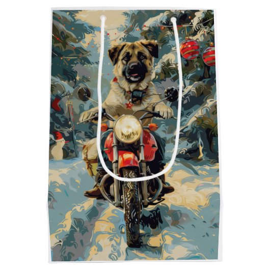 Anatolische Herder Hond Rijden Motorfiets Kerstmis Medium Cadeauzakje (Achterkant)