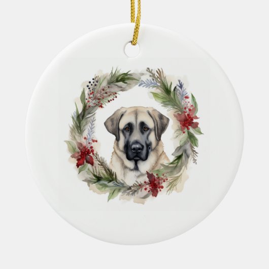 Anatolische Herder Kerstkrans Feestelijke Pup Keramisch Ornament (Voorkant)