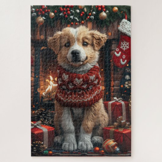 Anatolische herder met kerstgeschenken open haard legpuzzel (Verticaal)