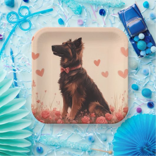 Anatolische herder met Rozen - Valentijnsdag Papieren Bordje (Feest)