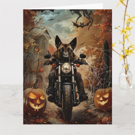 Anatolische Herder Rijden Motorfiets Halloween Kaart (Gele Bloem)