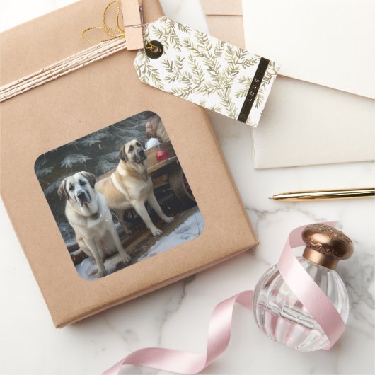 Anatolische Herder Sneeuwslee Kerstdecoratie Vierkante Sticker (Geschenken)