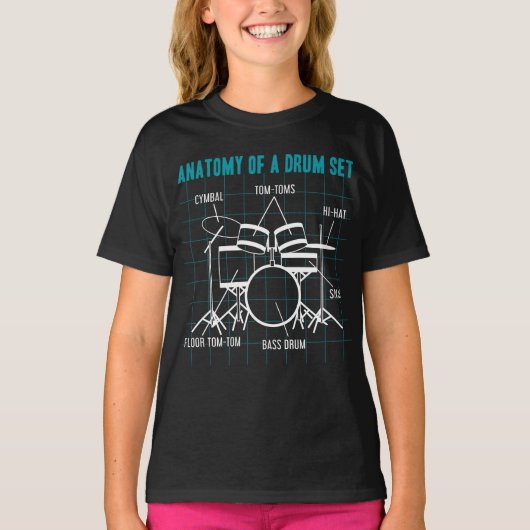 Anatomie van een drumstel Drummer-muzikant onderdi T-shirt (Voorkant)