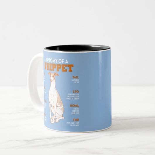 Anatomie van een Whippet Honden Grappige Anatomie  Tweekleurige Koffiemok (Voorkant links)