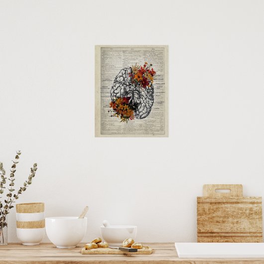 Anatomie van het menselijk brein met bloemen poster (Keuken)