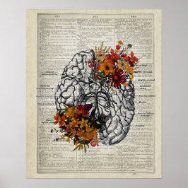 Anatomie van het menselijk brein met bloemen poster