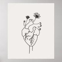 Anatomisch Hart bloemen zwart minimalistische lijn