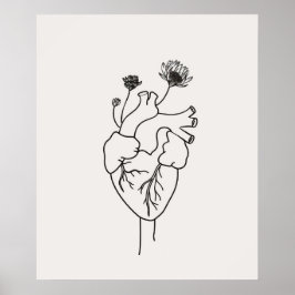 Anatomisch Hart bloemen zwart minimalistische lijn Poster