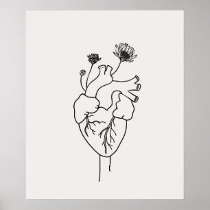 Anatomisch Hart bloemen zwart minimalistische lijn Poster