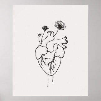 Anatomisch Hart bloemen zwart minimalistische lijn Poster